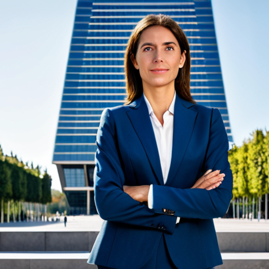 이탈리아어 라디오 및 팟캐스트 추천 - "A professional businesswoman in a modest business suit, standing confidently in front of the BBVA T...