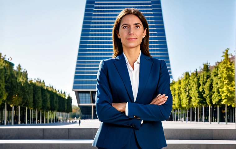 이탈리아어 라디오 및 팟캐스트 추천 - "A professional businesswoman in a modest business suit, standing confidently in front of the BBVA T...