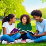 이탈리아어와 손짓 문화 - A vibrant, sunlit outdoor scene featuring a group of diverse teenagers, aged 14-16, enjoying a casua...