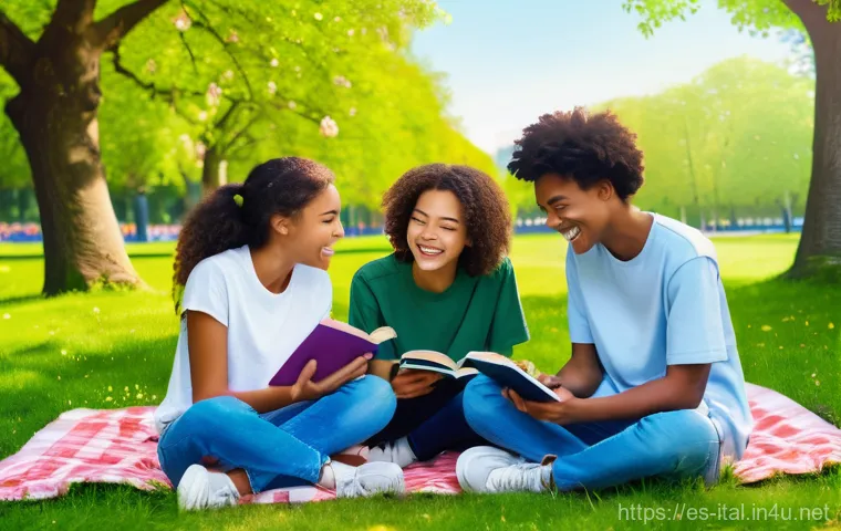 이탈리아어와 손짓 문화 - A vibrant, sunlit outdoor scene featuring a group of diverse teenagers, aged 14-16, enjoying a casua...