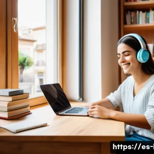 이탈리아어 노래로 배우는 언어 - A cozy modern study room with a young Spanish-speaking woman sitting at a wooden desk, headphones on...