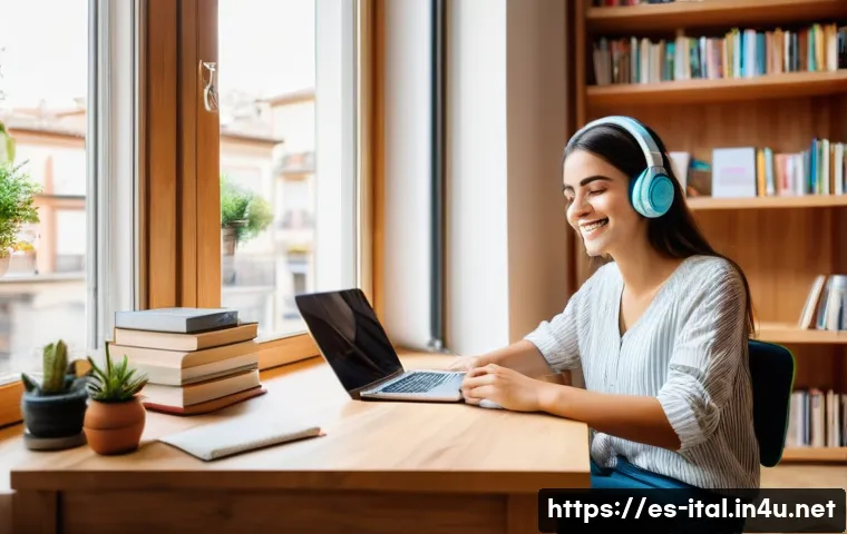 이탈리아어 노래로 배우는 언어 - A cozy modern study room with a young Spanish-speaking woman sitting at a wooden desk, headphones on...