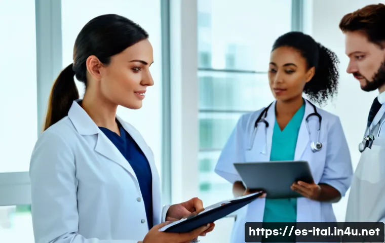 이탈리아어 직업별 특수 용어 - A professional Italian medical setting featuring a diverse group of healthcare workers in white coat...