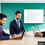 이탈리아어로 이메일 작성 시 주의점 - A professional office scene showing a diverse group of businesspeople exchanging emails on sleek lap...