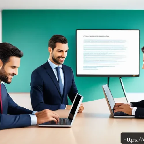 이탈리아어로 이메일 작성 시 주의점 - A professional office scene showing a diverse group of businesspeople exchanging emails on sleek lap...