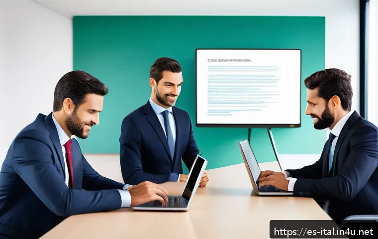 이탈리아어로 이메일 작성 시 주의점 - A professional office scene showing a diverse group of businesspeople exchanging emails on sleek lap...