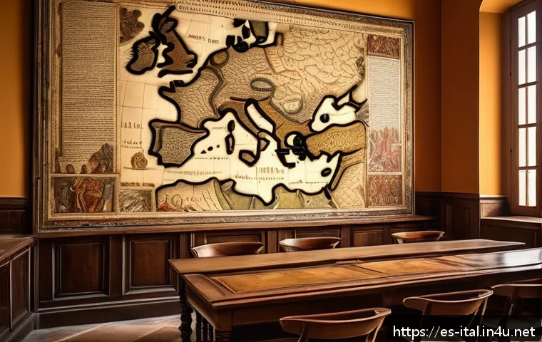 이탈리아어와 라틴어 차이점 - A detailed historical classroom scene set in a traditional Italian study room with ancient manuscrip...