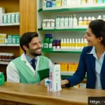 이탈리아어 의료 및 건강 용어 - A friendly Italian pharmacy interior scene, showing a smiling pharmacist behind the counter helping ...