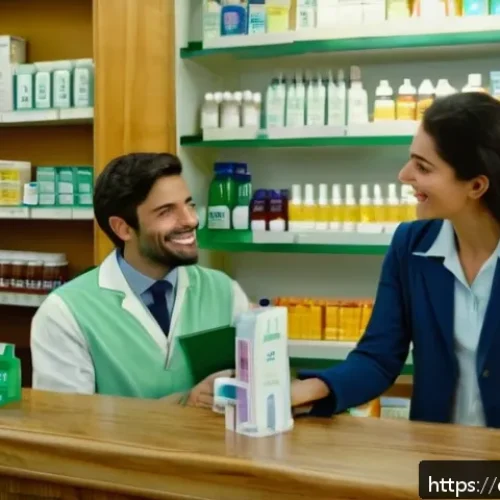 이탈리아어 의료 및 건강 용어 - A friendly Italian pharmacy interior scene, showing a smiling pharmacist behind the counter helping ...