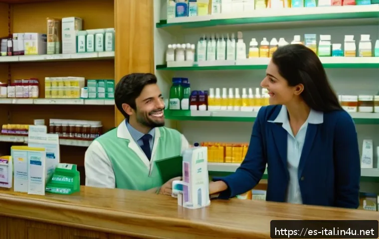 이탈리아어 의료 및 건강 용어 - A friendly Italian pharmacy interior scene, showing a smiling pharmacist behind the counter helping ...