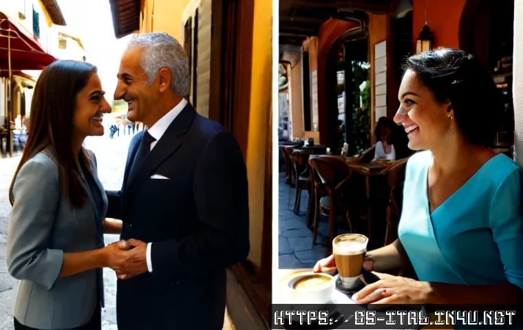 이탈리아어 격식 있는 표현 vs 일상 표현 - Photorealistic split-scene comparison of an elegant Italian business meeting and a relaxed Roman caf...